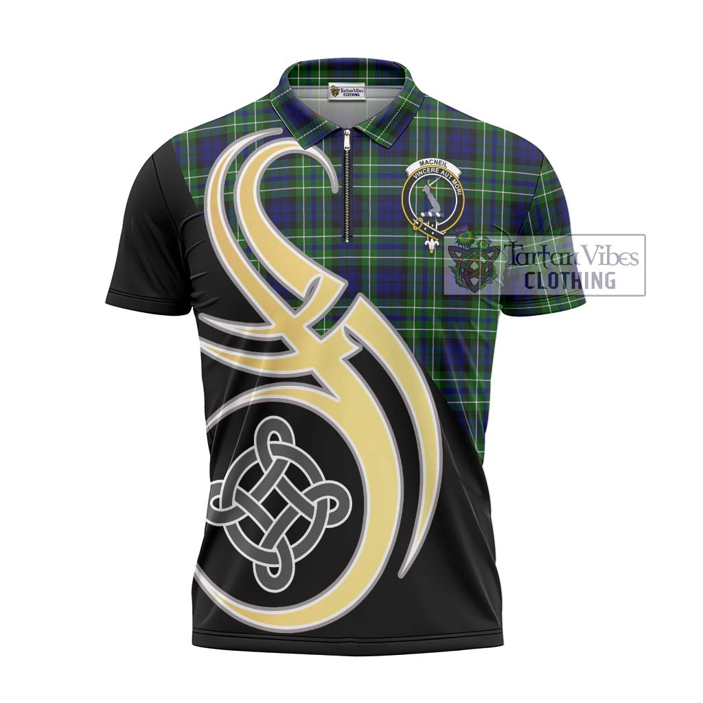 Tartan Vibes Clothing MacNeil of Colonsay Modern Tartan Zipper Polo Shirt with Family Crest and Celtic Symbol Style