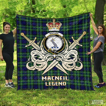 MacNeil of Colonsay Modern Tartan Quilt with Clan Crest and the Golden Sword of Courageous Legacy