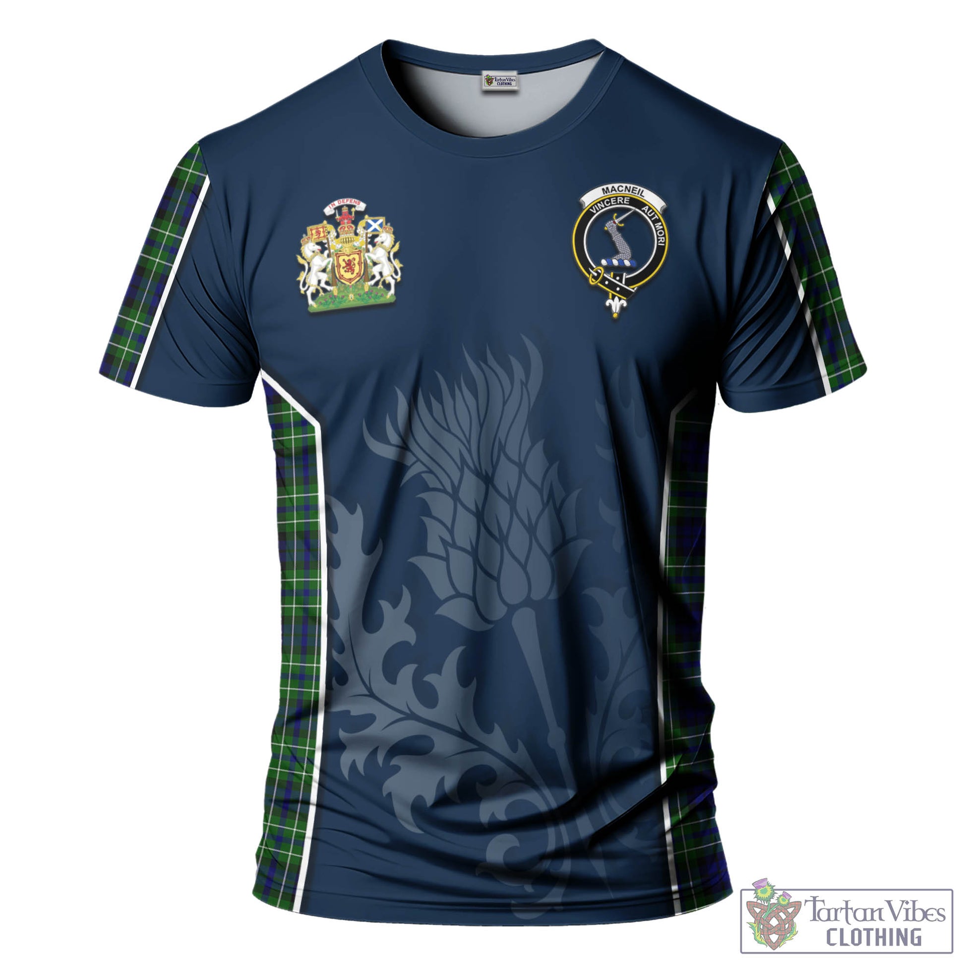 Tartan Vibes Clothing MacNeil of Colonsay Modern Tartan T-Shirt with Family Crest and Scottish Thistle Vibes Sport Style