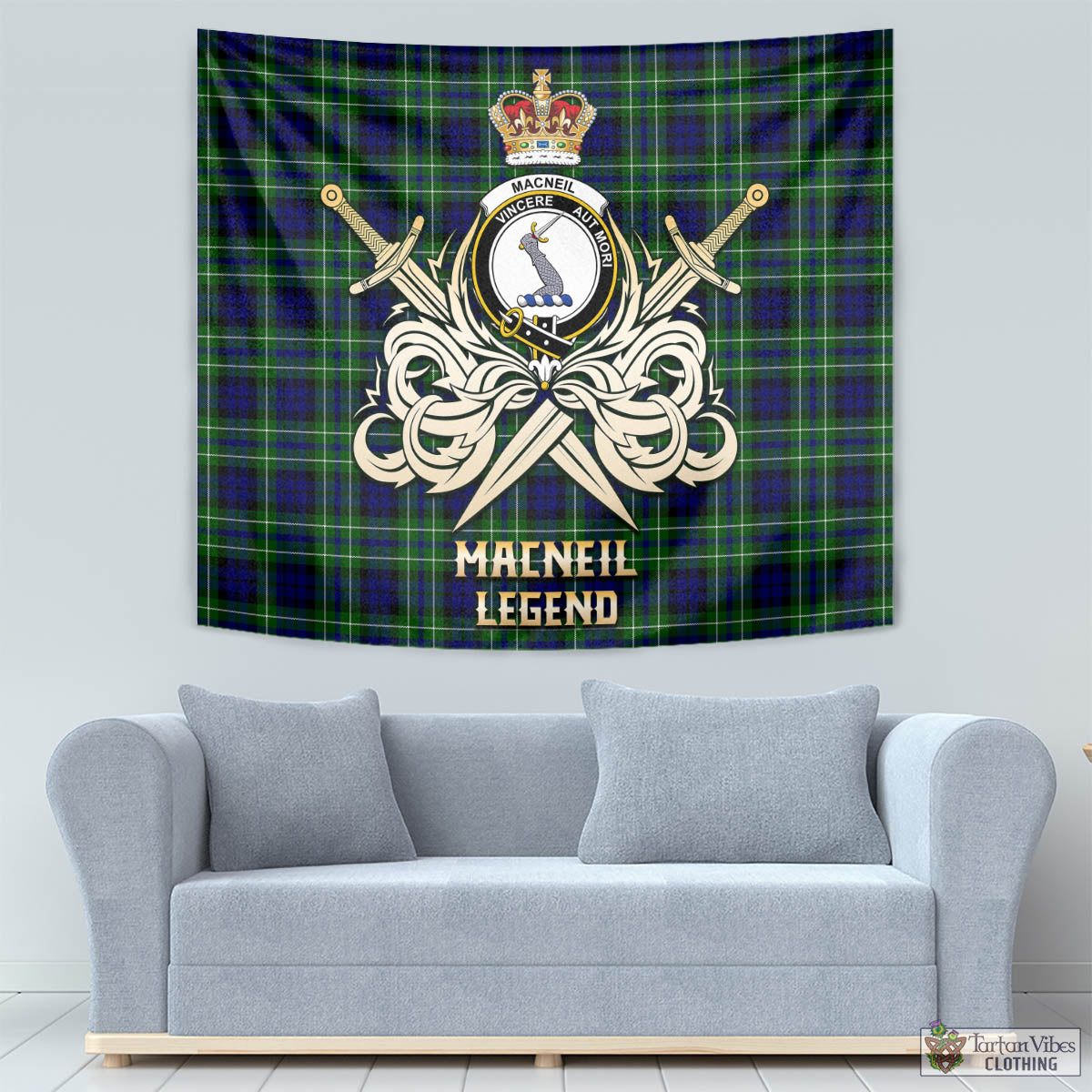 Tartan Vibes Clothing MacNeil of Colonsay Modern Tartan Tapestry with Clan Crest and the Golden Sword of Courageous Legacy