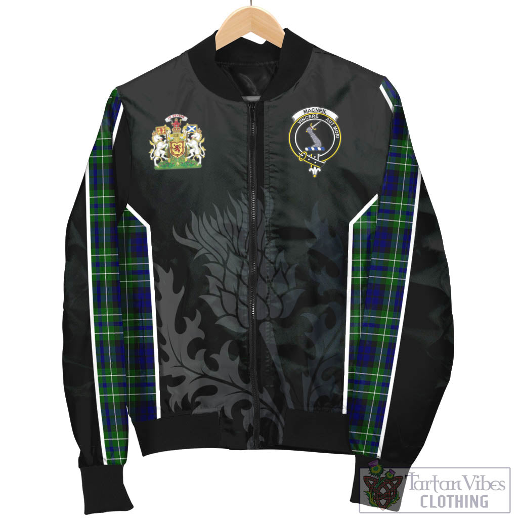 Tartan Vibes Clothing MacNeil of Colonsay Modern Tartan Bomber Jacket with Family Crest and Scottish Thistle Vibes Sport Style