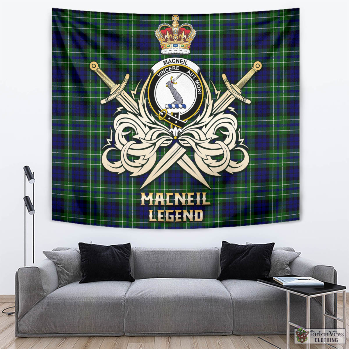 Tartan Vibes Clothing MacNeil of Colonsay Modern Tartan Tapestry with Clan Crest and the Golden Sword of Courageous Legacy