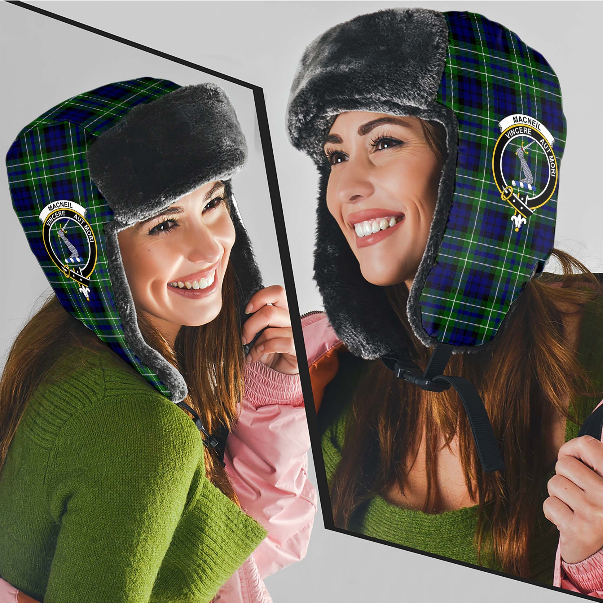 MacNeil of Colonsay Modern Tartan Winter Trapper Hat with Family Crest - Tartanvibesclothing