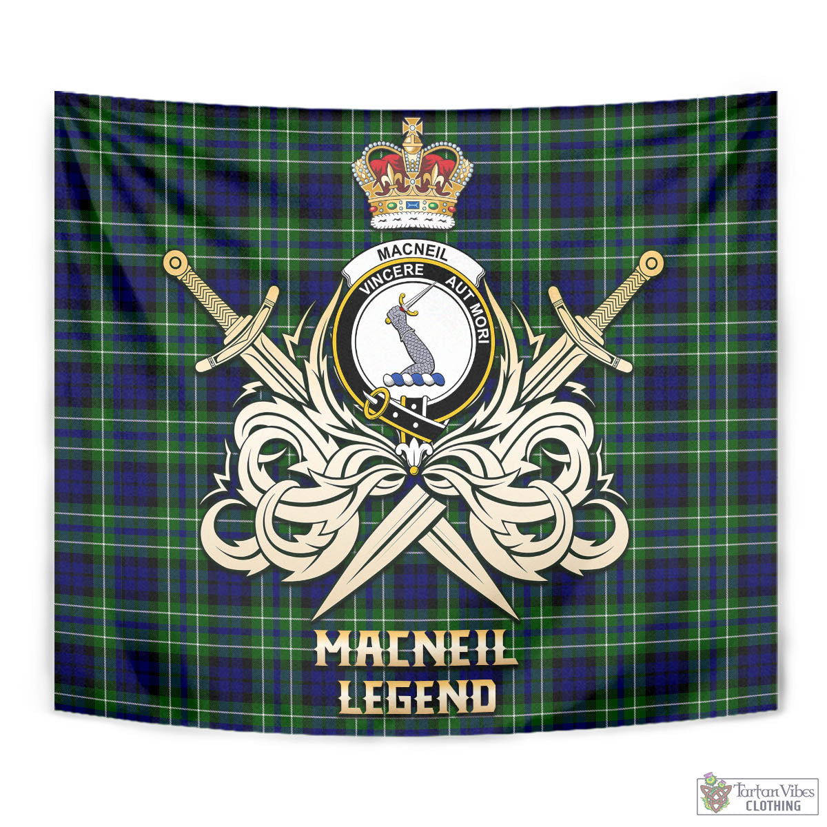 Tartan Vibes Clothing MacNeil of Colonsay Modern Tartan Tapestry with Clan Crest and the Golden Sword of Courageous Legacy