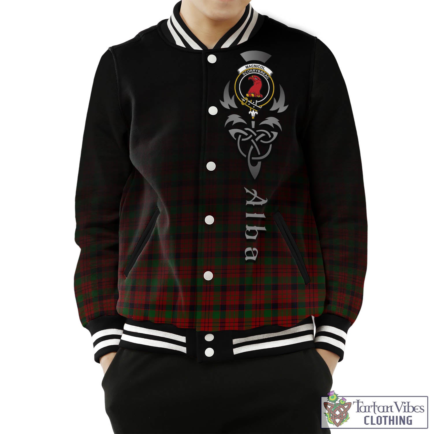 Tartan Vibes Clothing MacNicol Tartan Baseball Jacket Featuring Alba Gu Brath Family Crest Celtic Inspired