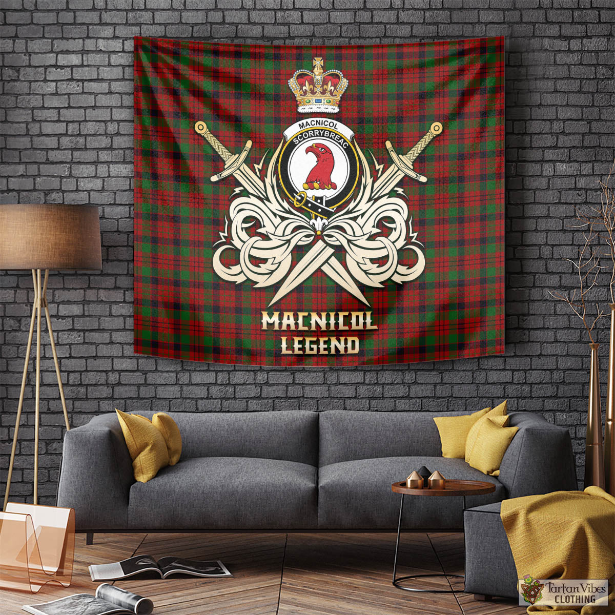 Tartan Vibes Clothing MacNicol Tartan Tapestry with Clan Crest and the Golden Sword of Courageous Legacy