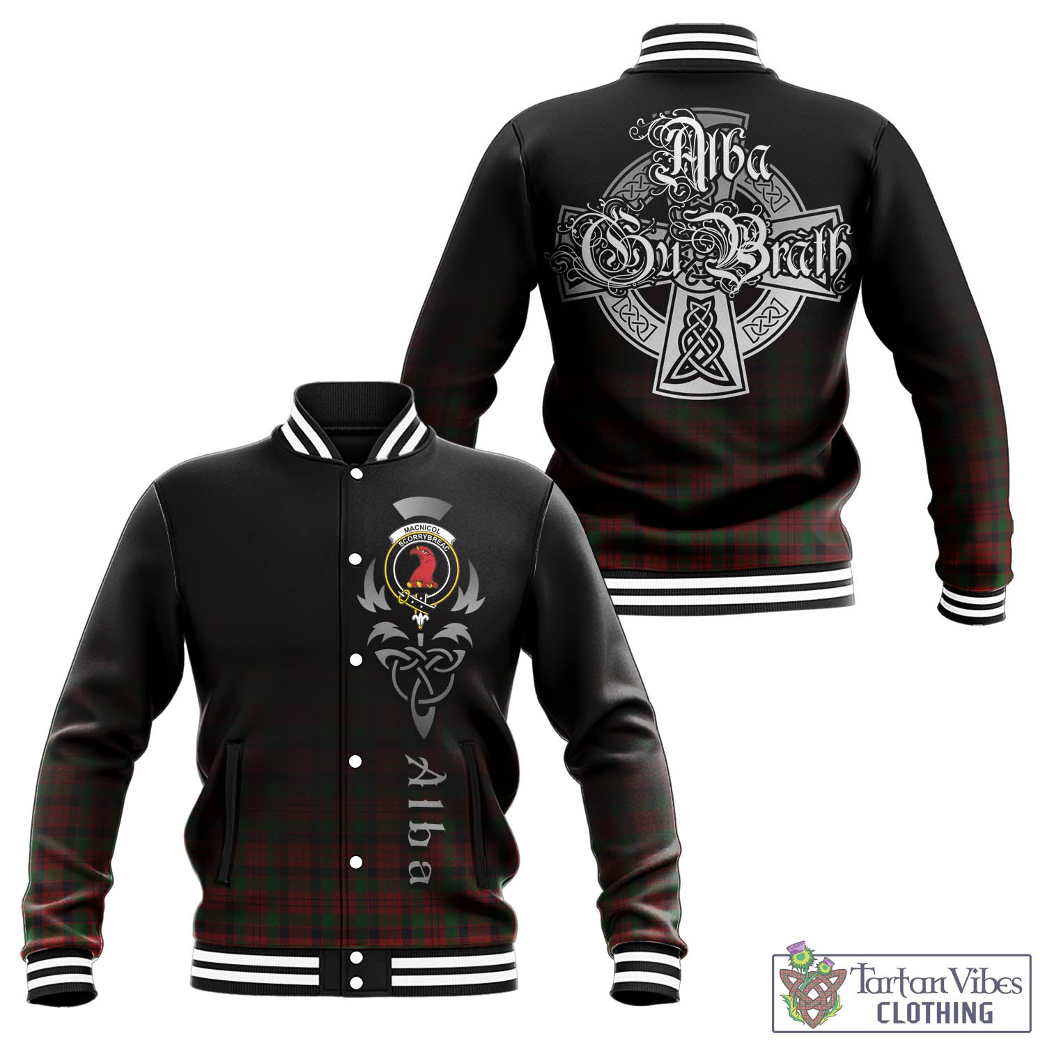 Tartan Vibes Clothing MacNicol Tartan Baseball Jacket Featuring Alba Gu Brath Family Crest Celtic Inspired