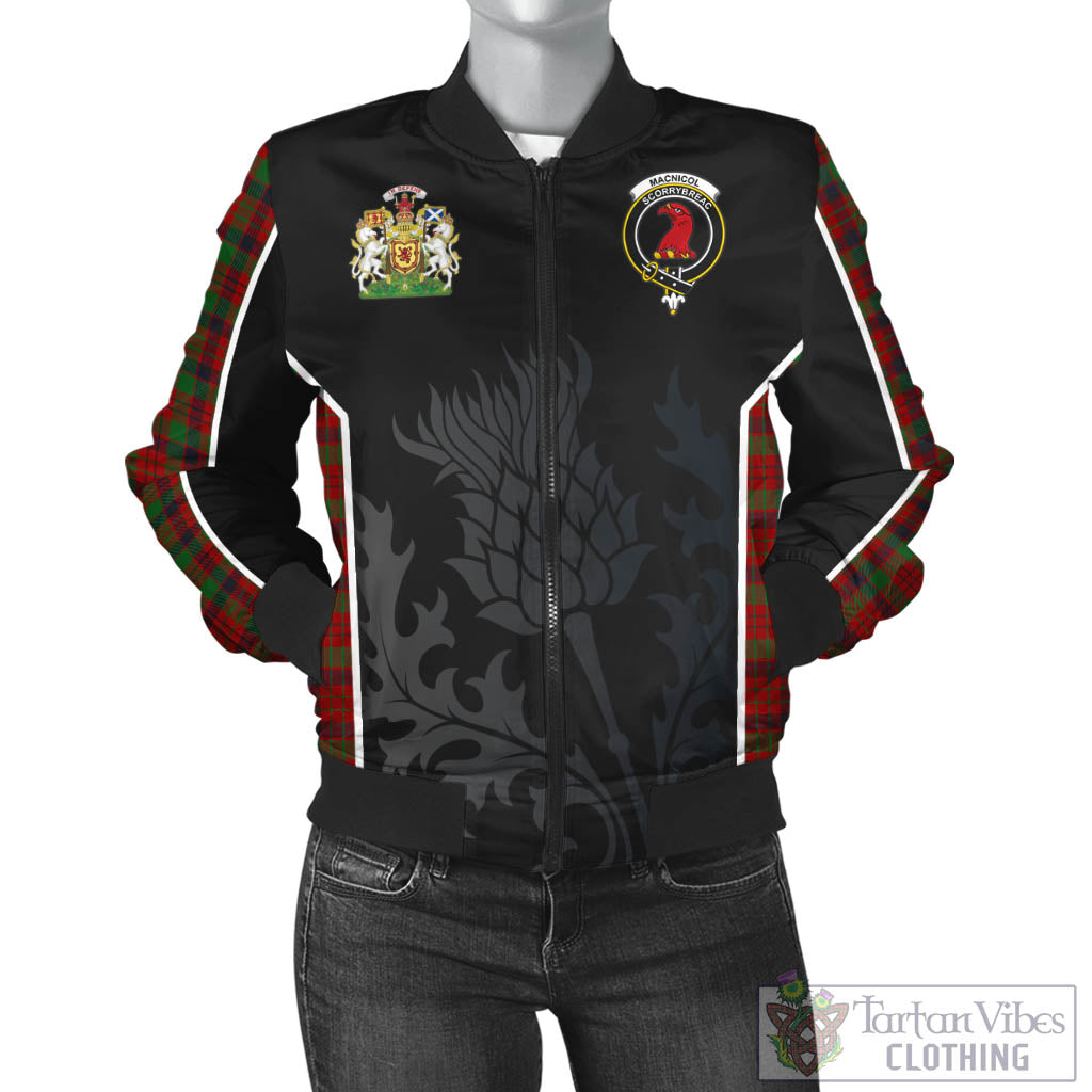 Tartan Vibes Clothing MacNicol Tartan Bomber Jacket with Family Crest and Scottish Thistle Vibes Sport Style