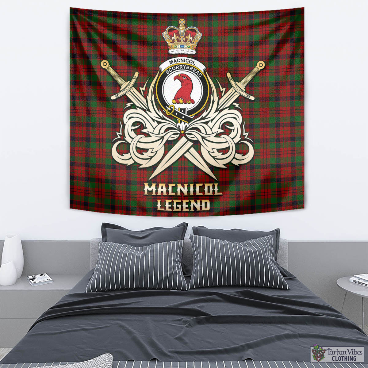 Tartan Vibes Clothing MacNicol Tartan Tapestry with Clan Crest and the Golden Sword of Courageous Legacy