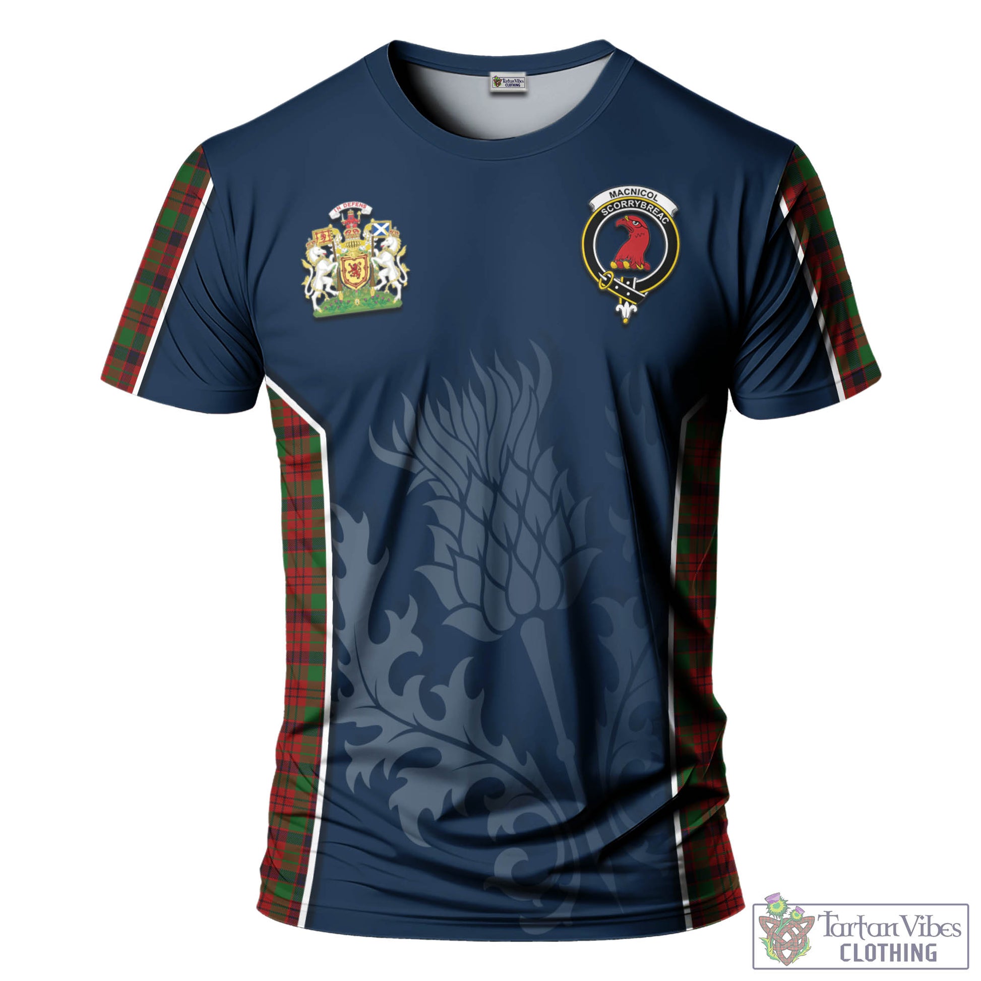 Tartan Vibes Clothing MacNicol Tartan T-Shirt with Family Crest and Scottish Thistle Vibes Sport Style