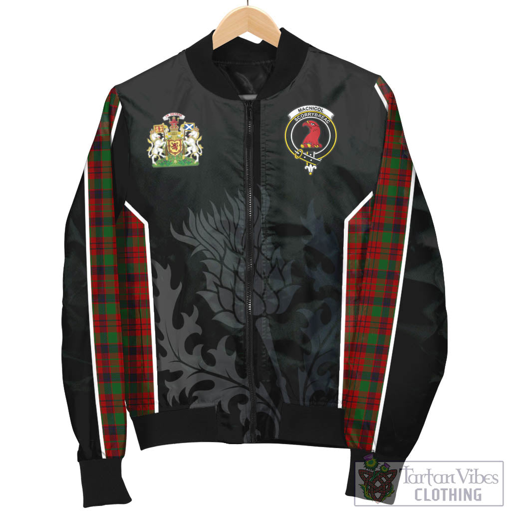 Tartan Vibes Clothing MacNicol Tartan Bomber Jacket with Family Crest and Scottish Thistle Vibes Sport Style