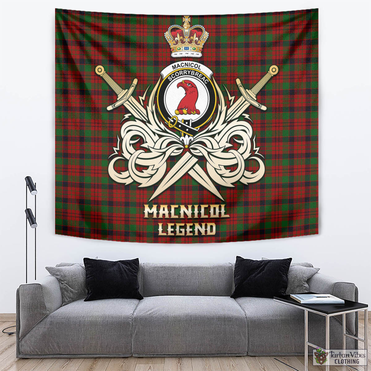 Tartan Vibes Clothing MacNicol Tartan Tapestry with Clan Crest and the Golden Sword of Courageous Legacy