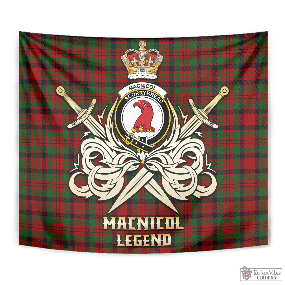 Tartan Vibes Clothing MacNicol Tartan Tapestry with Clan Crest and the Golden Sword of Courageous Legacy