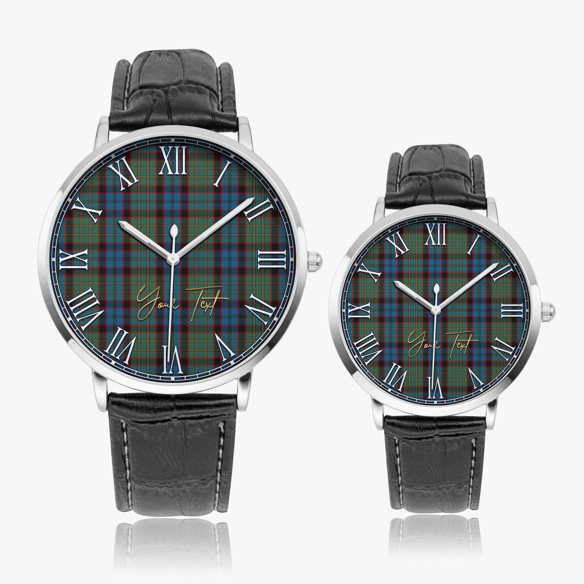 MacNicol Hunting Tartan Personalized Your Text Leather Trap Quartz Watch Ultra Thin Silver Case With Black Leather Strap - Tartanvibesclothing