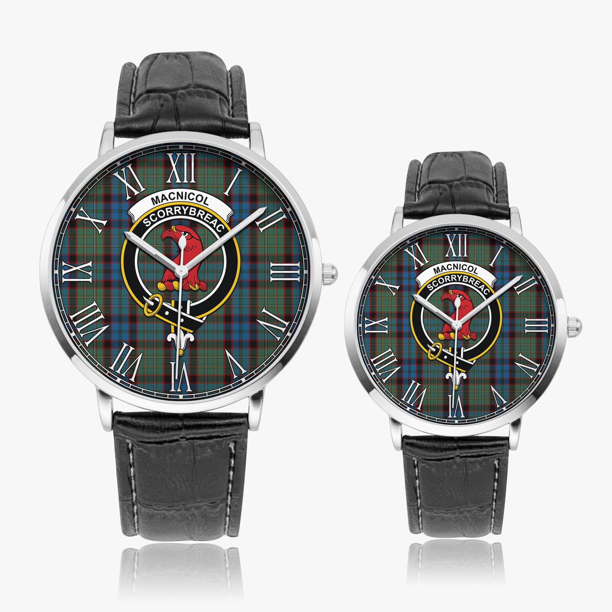 MacNicol Hunting Tartan Family Crest Leather Strap Quartz Watch - Tartanvibesclothing