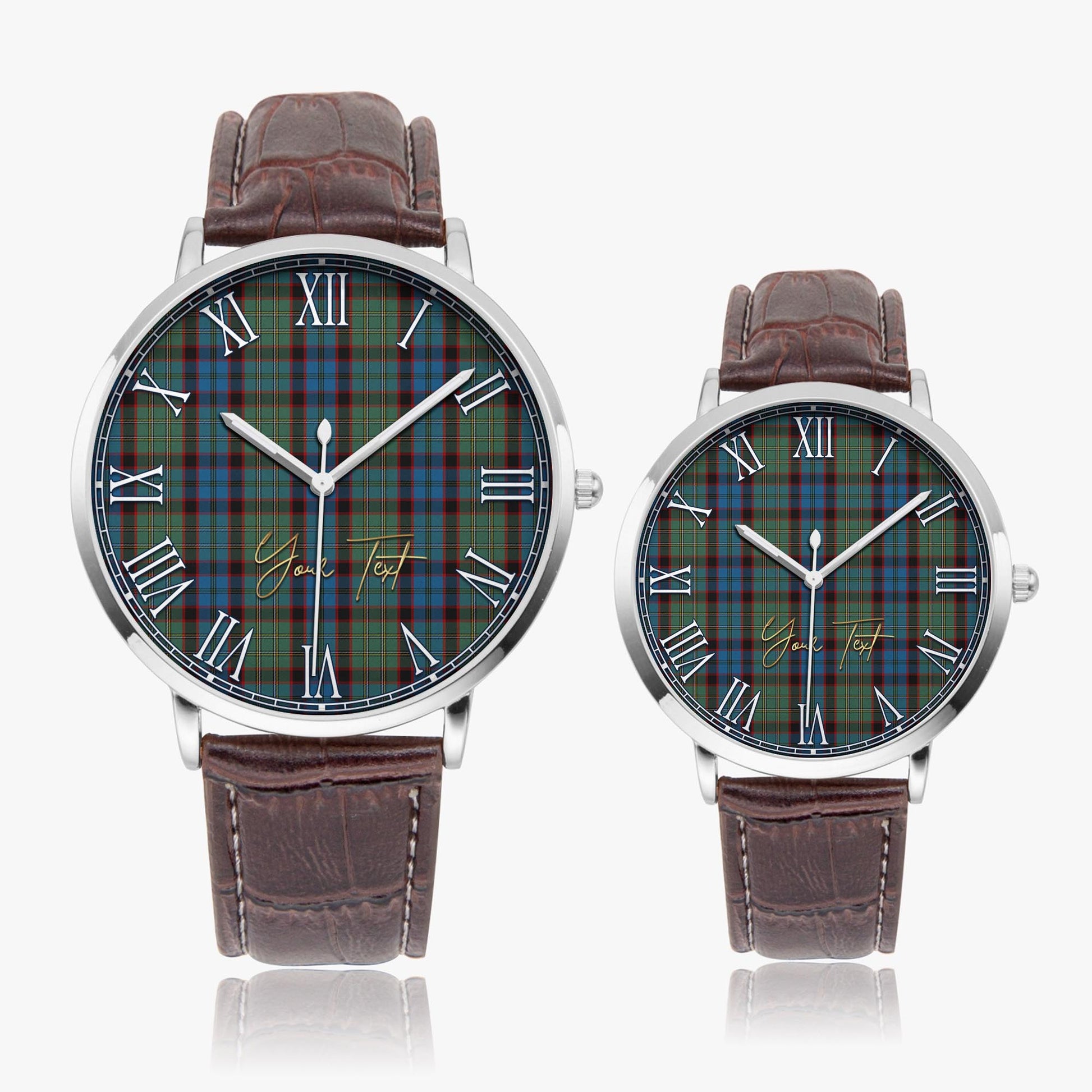 MacNicol Hunting Tartan Personalized Your Text Leather Trap Quartz Watch Ultra Thin Silver Case With Brown Leather Strap - Tartanvibesclothing