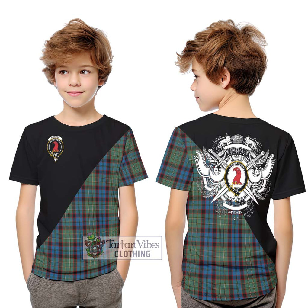 MacNicol Hunting Tartan Kid T-Shirt with Family Crest and Military Logo Style Youth XL Size14 - Tartanvibesclothing Shop