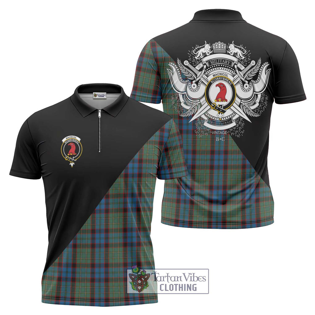 MacNicol Hunting Tartan Zipper Polo Shirt with Family Crest and Military Logo Style Unisex - Tartanvibesclothing Shop