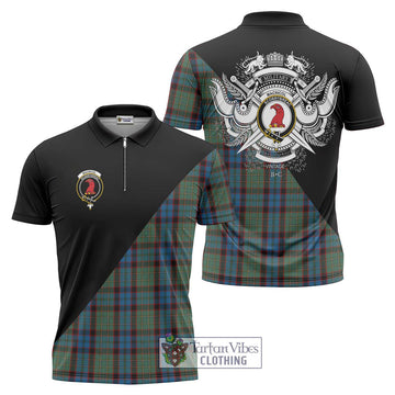 MacNicol Hunting Tartan Zipper Polo Shirt with Family Crest and Military Logo Style