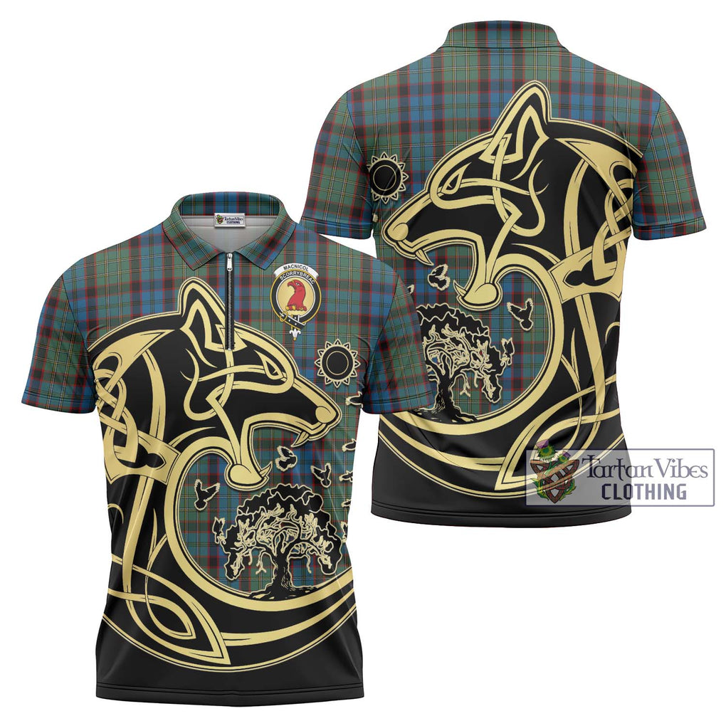 MacNicol Hunting Tartan Zipper Polo Shirt with Family Crest Celtic Wolf Style Unisex - Tartanvibesclothing Shop