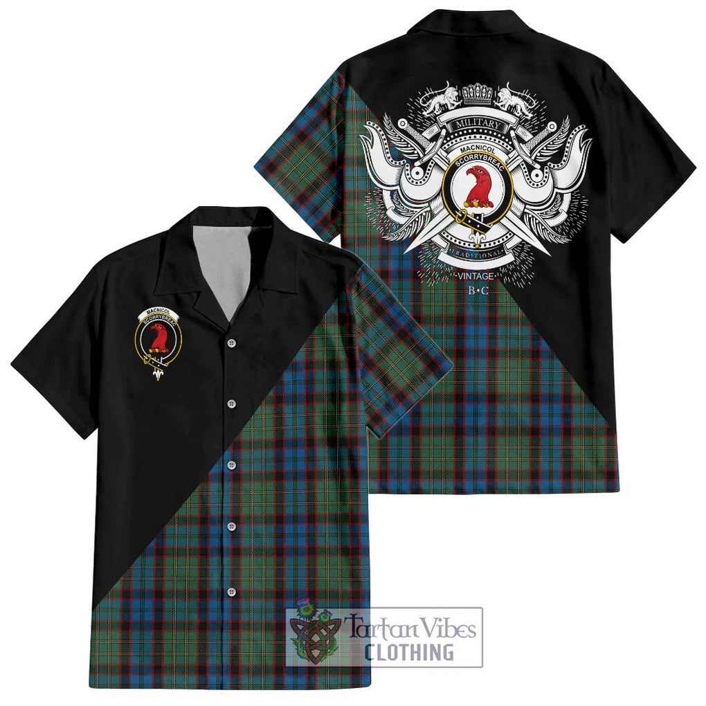 MacNicol Hunting Tartan Short Sleeve Button Shirt with Family Crest and Military Logo Style Kid - Tartanvibesclothing Shop