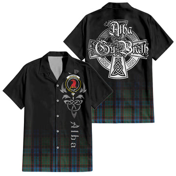 MacNicol Hunting Tartan Short Sleeve Button Up Shirt Featuring Alba Gu Brath Family Crest Celtic Inspired