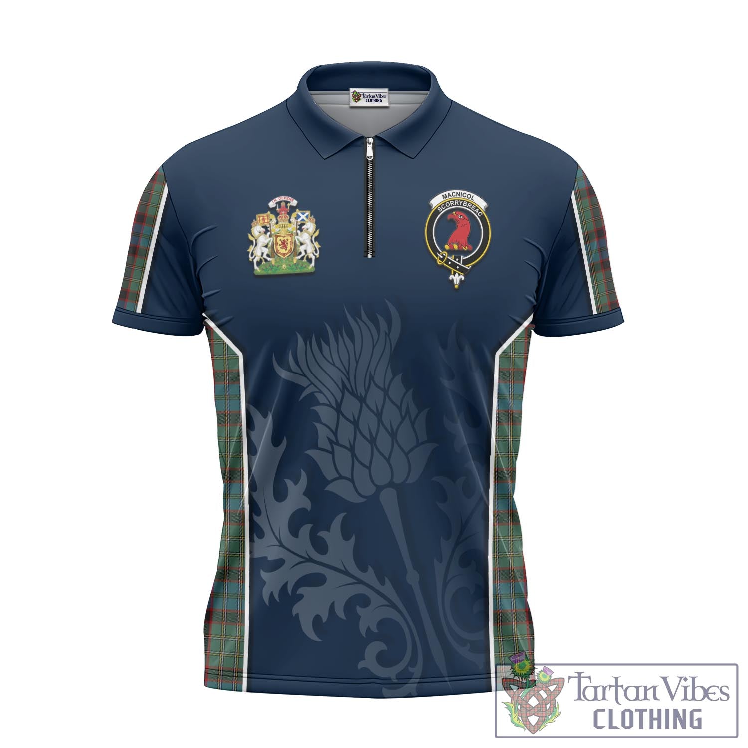 Tartan Vibes Clothing MacNicol Hunting Tartan Zipper Polo Shirt with Family Crest and Scottish Thistle Vibes Sport Style