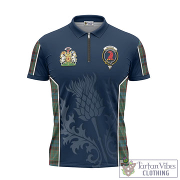 MacNicol Hunting Tartan Zipper Polo Shirt with Family Crest and Scottish Thistle Vibes Sport Style