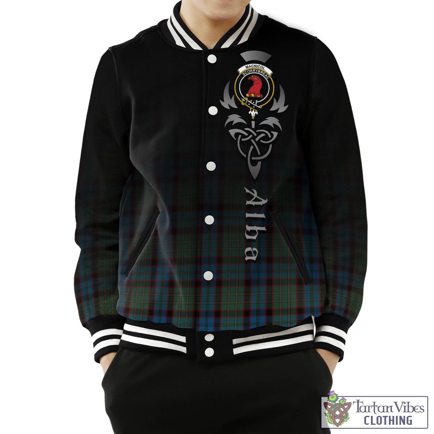 Tartan Vibes Clothing MacNicol Hunting Tartan Baseball Jacket Featuring Alba Gu Brath Family Crest Celtic Inspired