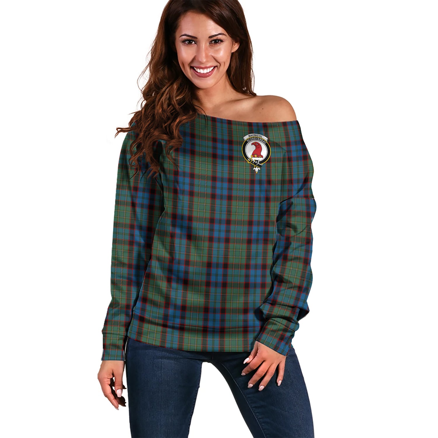 MacNicol Hunting Tartan Off Shoulder Women Sweater with Family Crest Women - Tartanvibesclothing