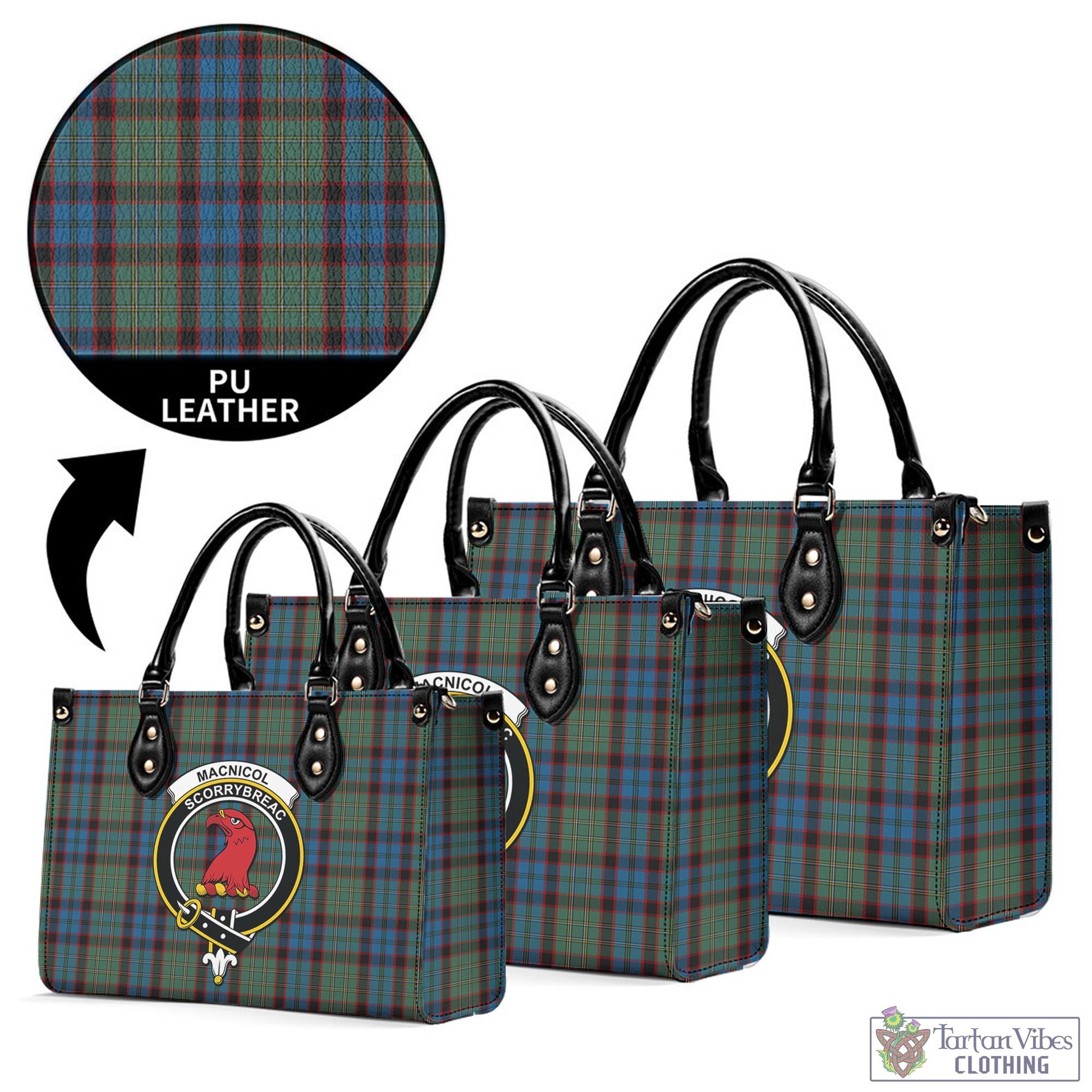 Tartan Vibes Clothing MacNicol Hunting Tartan Luxury Leather Handbags with Family Crest