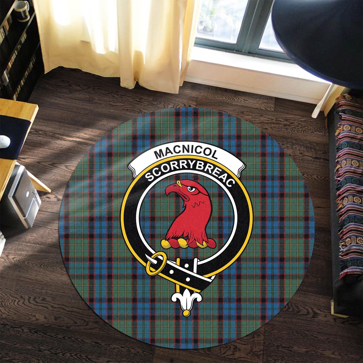 macnicol-hunting-tartan-round-rug-with-family-crest