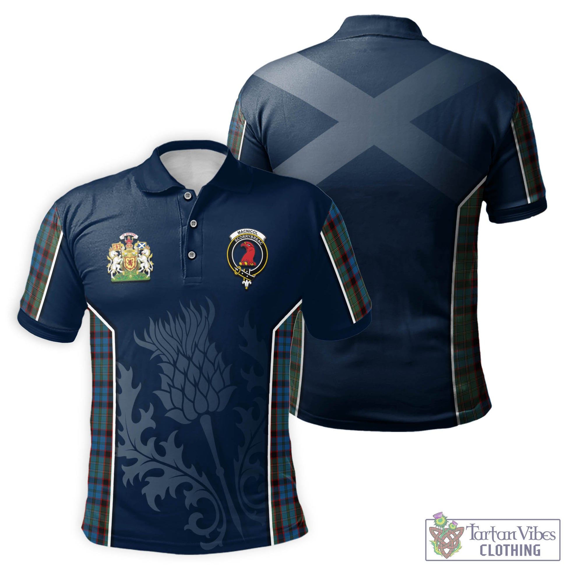 Tartan Vibes Clothing MacNicol Hunting Tartan Men's Polo Shirt with Family Crest and Scottish Thistle Vibes Sport Style