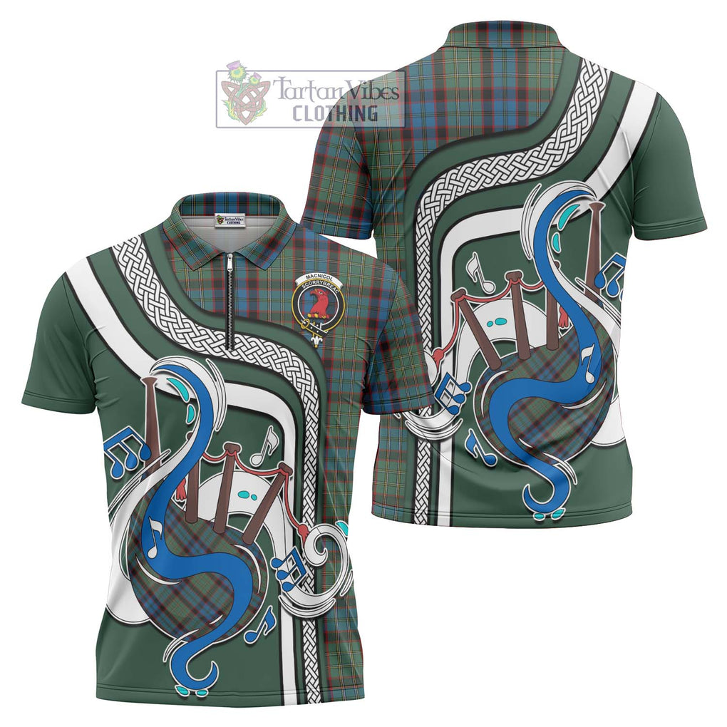 MacNicol Hunting Tartan Zipper Polo Shirt with Epic Bagpipe Style Unisex - Tartanvibesclothing Shop