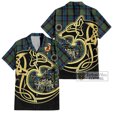 MacNicol Hunting Tartan Short Sleeve Button Shirt with Family Crest Celtic Wolf Style