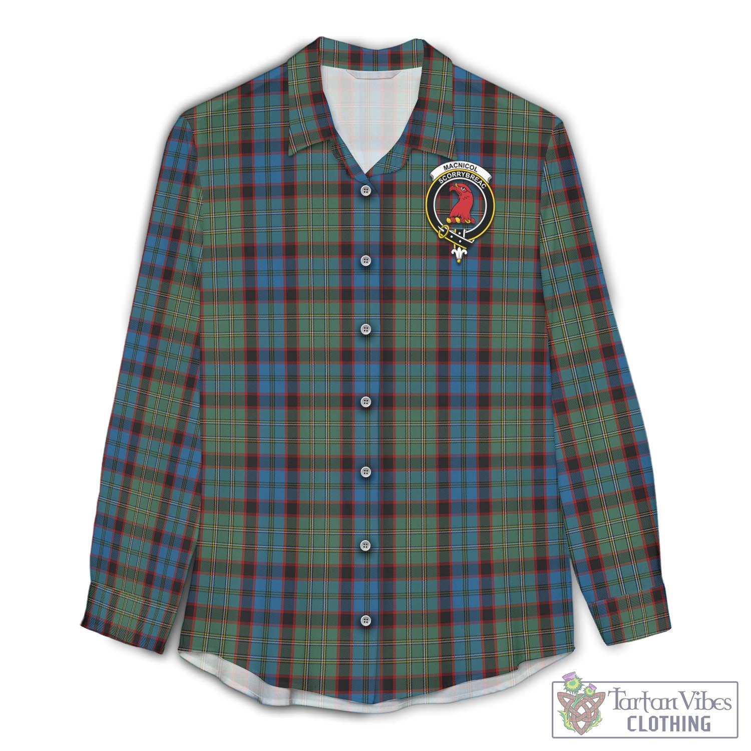 Tartan Vibes Clothing MacNicol Hunting Tartan Womens Casual Shirt with Family Crest