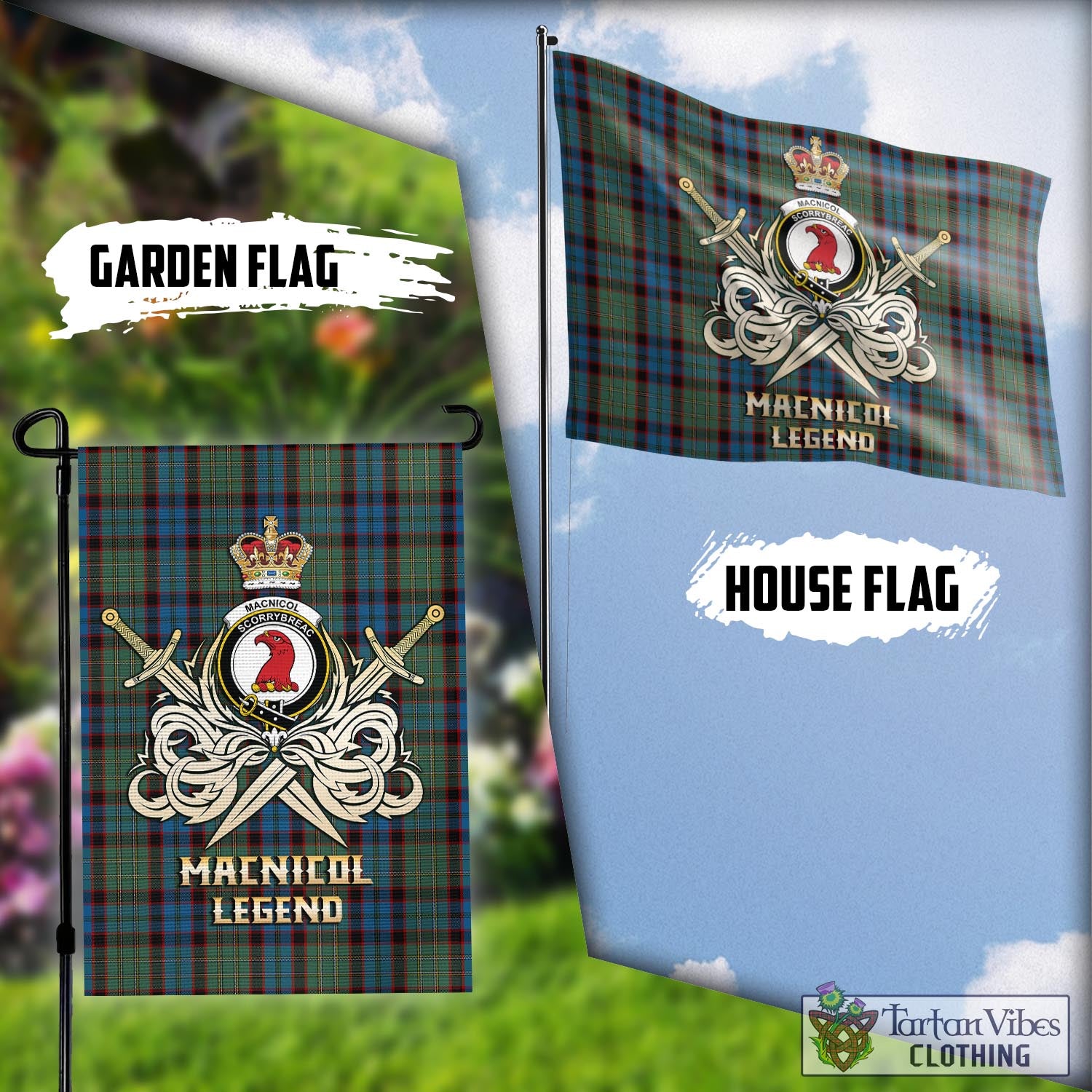 Tartan Vibes Clothing MacNicol Hunting Tartan Flag with Clan Crest and the Golden Sword of Courageous Legacy