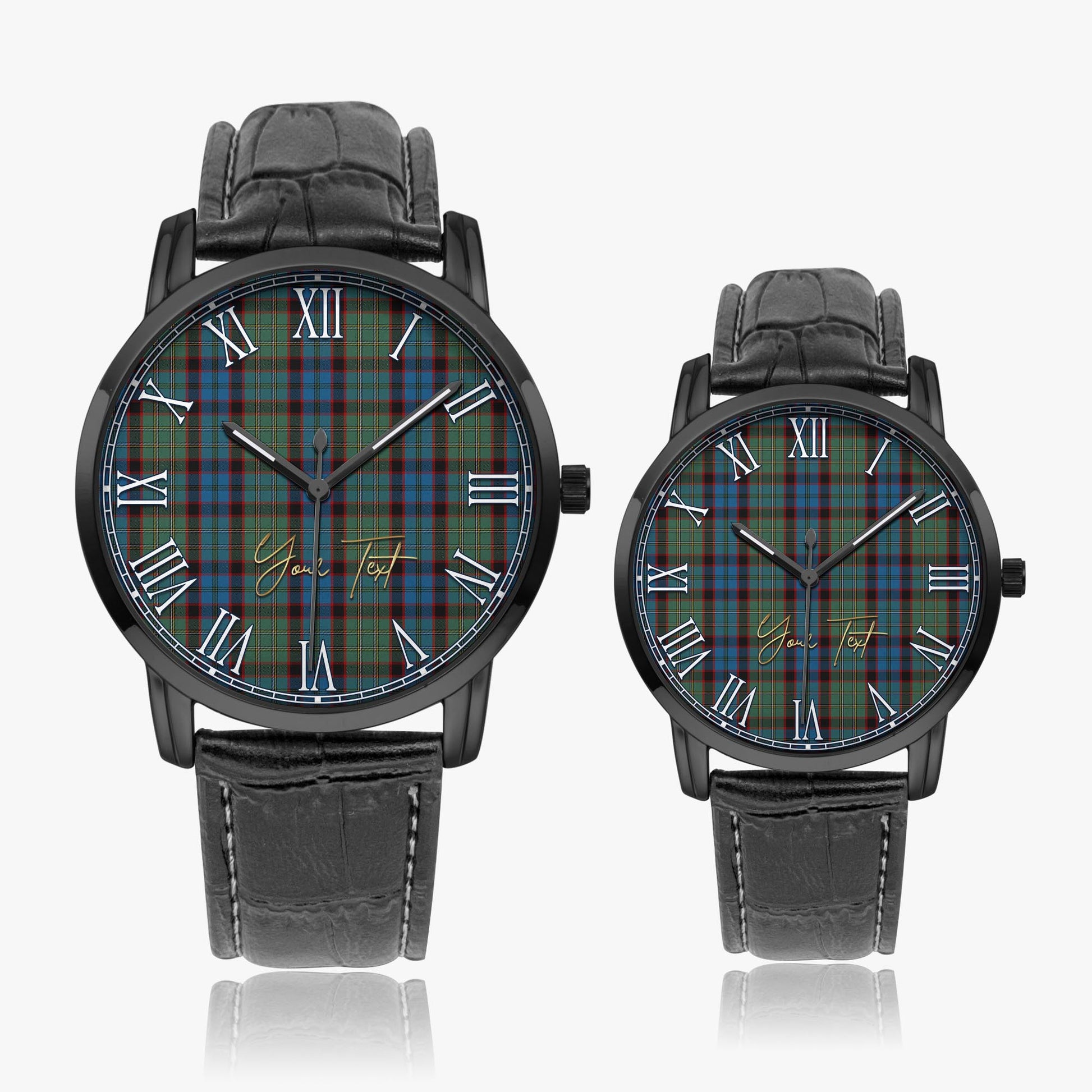 MacNicol Hunting Tartan Personalized Your Text Leather Trap Quartz Watch Wide Type Black Case With Black Leather Strap - Tartanvibesclothing