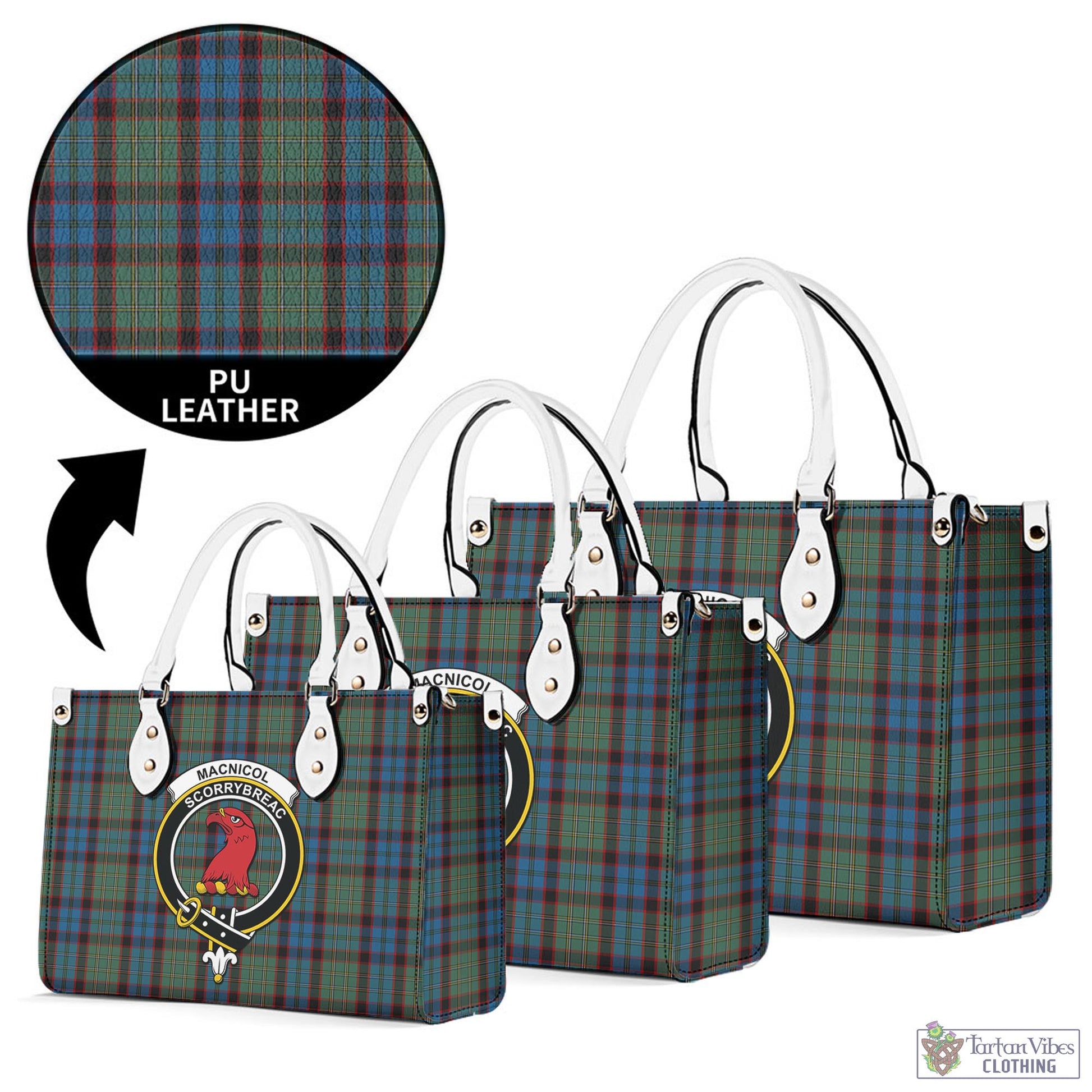 Tartan Vibes Clothing MacNicol Hunting Tartan Luxury Leather Handbags with Family Crest