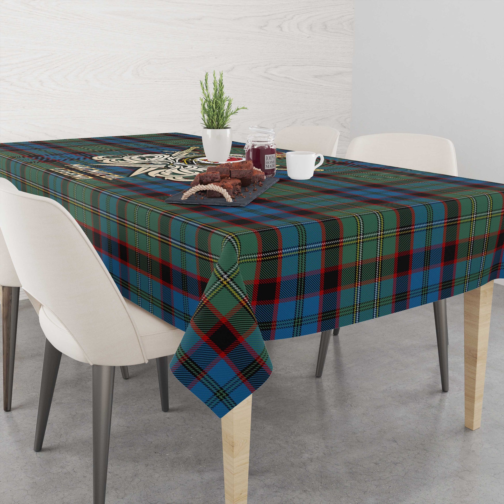 Tartan Vibes Clothing MacNicol Hunting Tartan Tablecloth with Clan Crest and the Golden Sword of Courageous Legacy