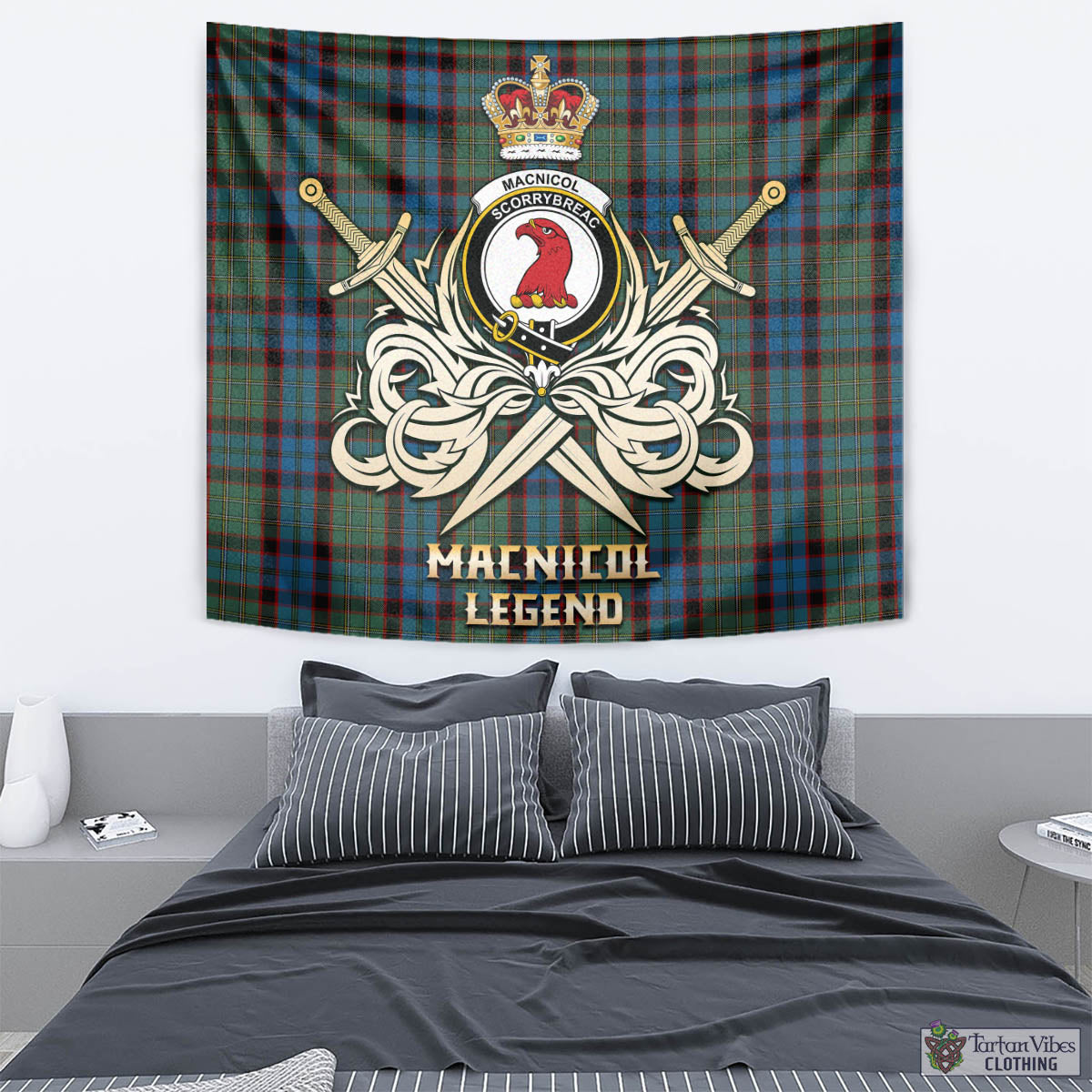 Tartan Vibes Clothing MacNicol Hunting Tartan Tapestry with Clan Crest and the Golden Sword of Courageous Legacy