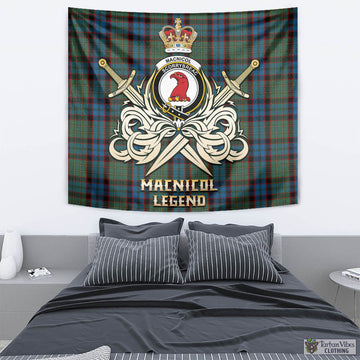 MacNicol Hunting Tartan Tapestry with Clan Crest and the Golden Sword of Courageous Legacy