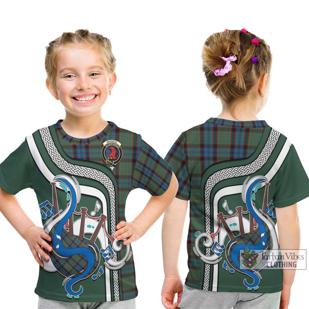 Tartan Vibes Clothing MacNicol Hunting Tartan Kid T-Shirt with Epic Bagpipe Style