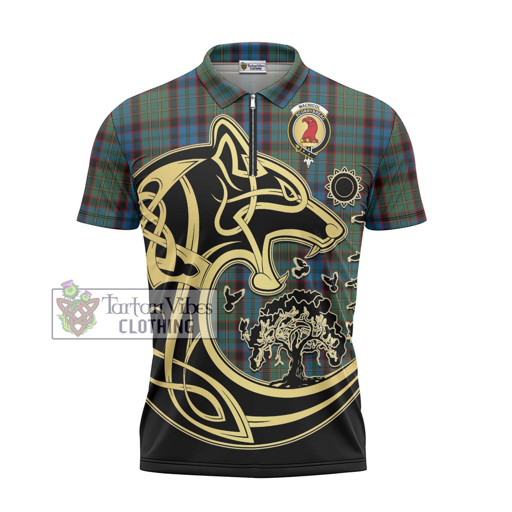 MacNicol Hunting Tartan Zipper Polo Shirt with Family Crest Celtic Wolf Style - Tartanvibesclothing Shop