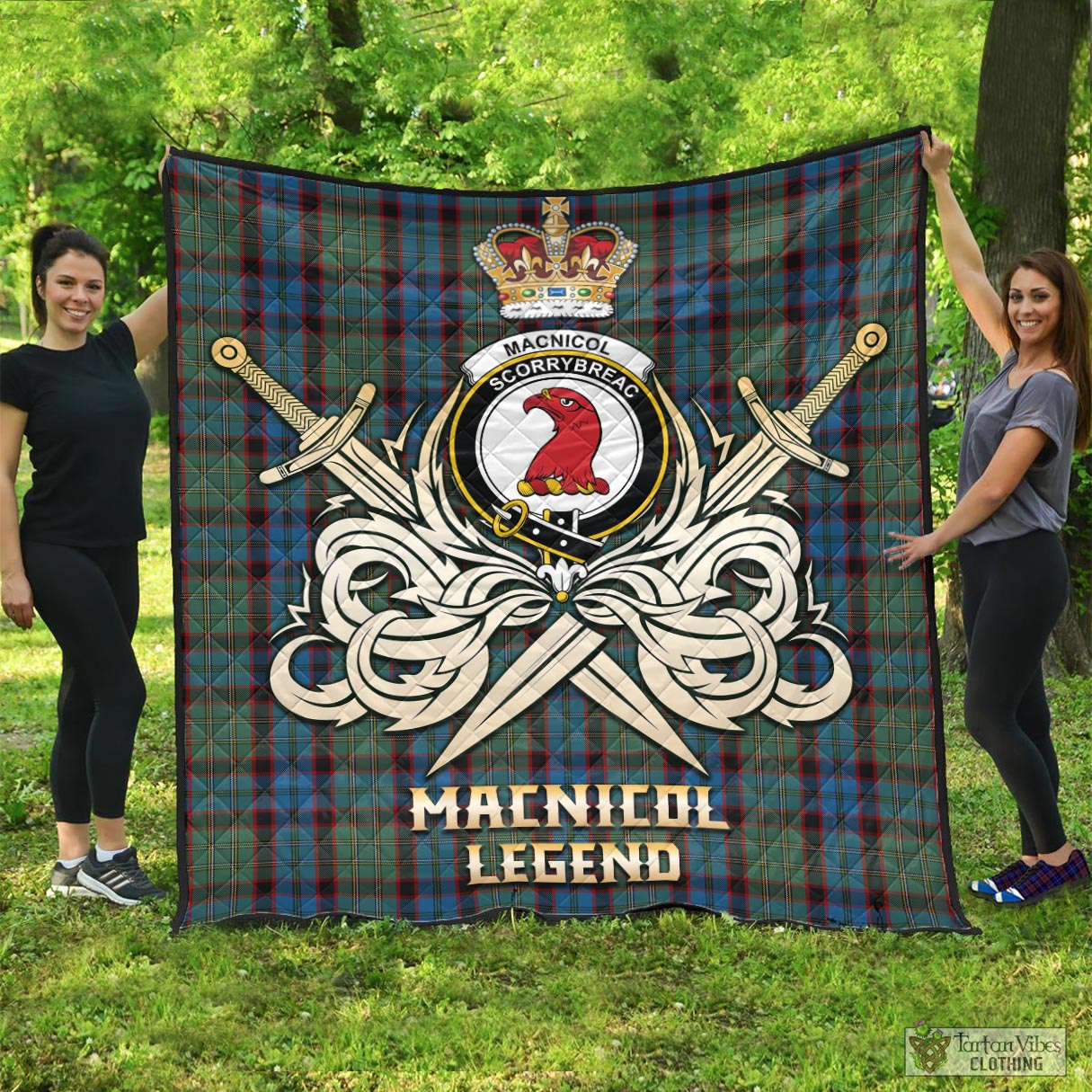 Tartan Vibes Clothing MacNicol Hunting Tartan Quilt with Clan Crest and the Golden Sword of Courageous Legacy