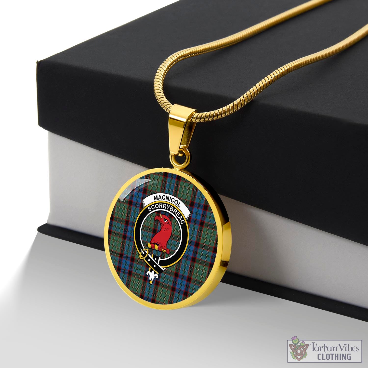 Tartan Vibes Clothing MacNicol Hunting Tartan Circle Necklace with Family Crest