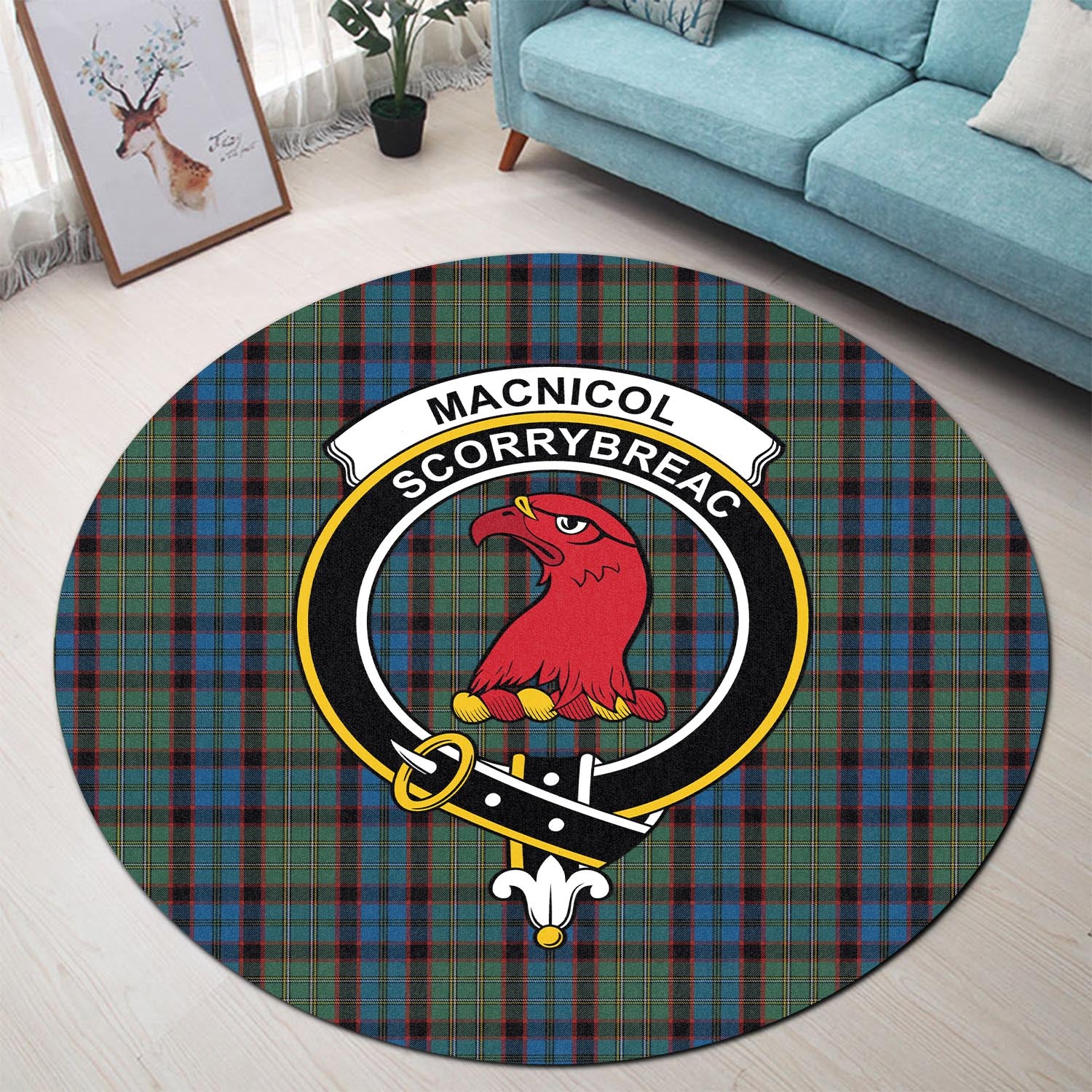 macnicol-hunting-tartan-round-rug-with-family-crest