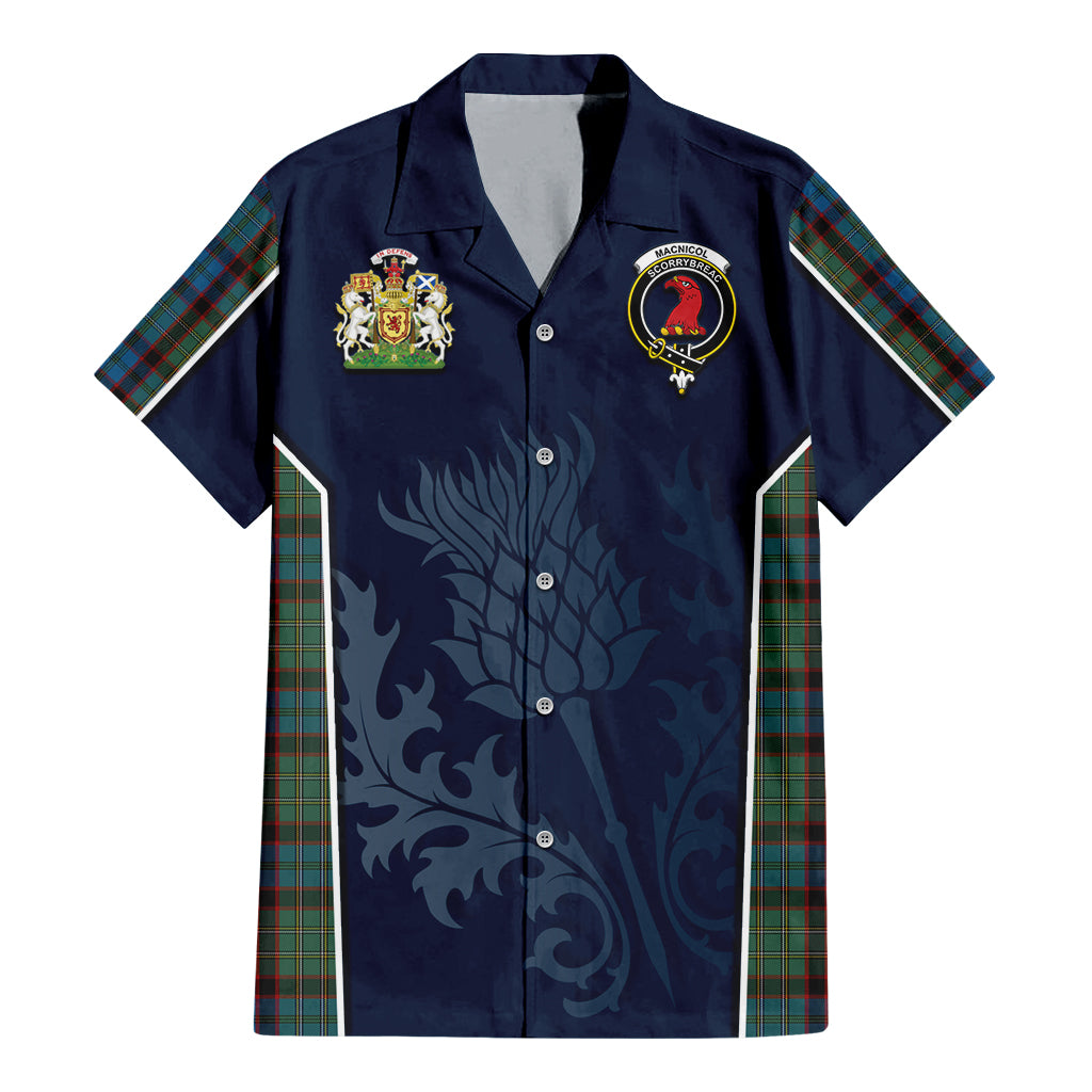 Tartan Vibes Clothing MacNicol Hunting Tartan Short Sleeve Button Up Shirt with Family Crest and Scottish Thistle Vibes Sport Style