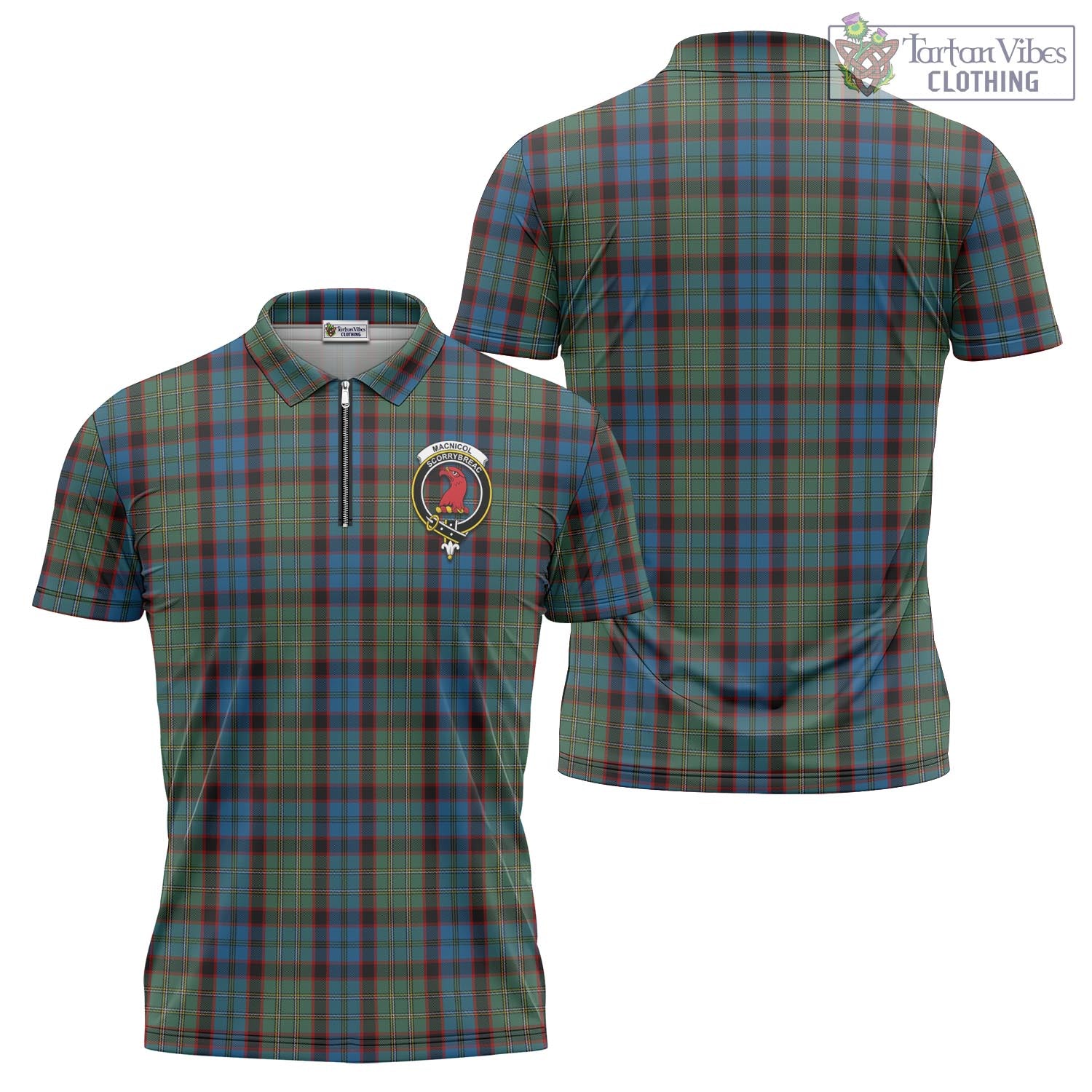 Tartan Vibes Clothing MacNicol Hunting Tartan Zipper Polo Shirt with Family Crest