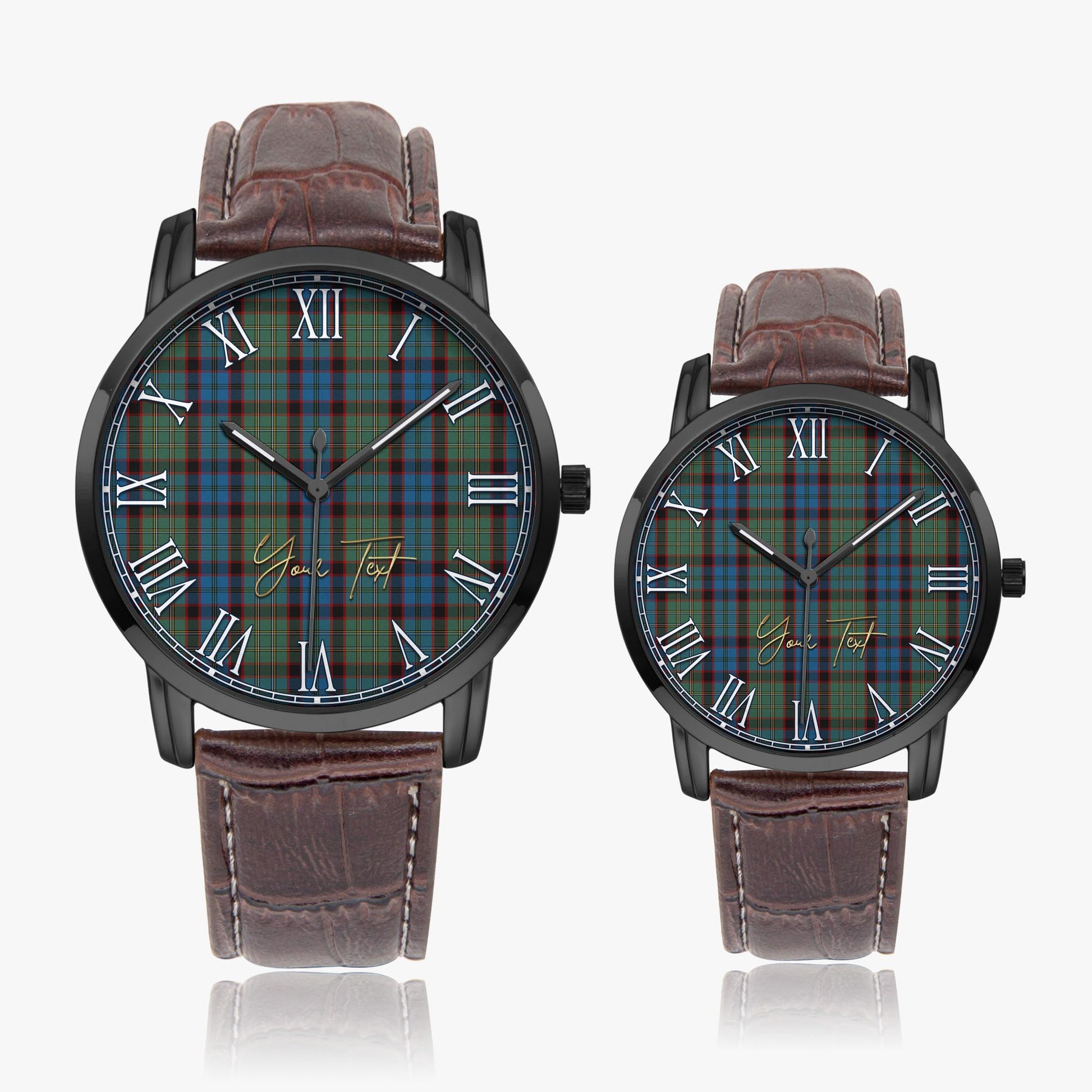 MacNicol Hunting Tartan Personalized Your Text Leather Trap Quartz Watch Wide Type Black Case With Brown Leather Strap - Tartanvibesclothing